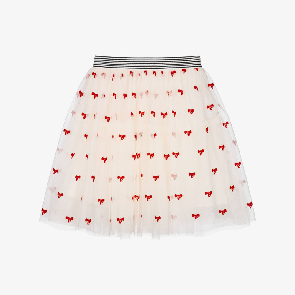 Petit Bateau-Girls Ivory Tulle Skirt with Red Bows | Childrensalon