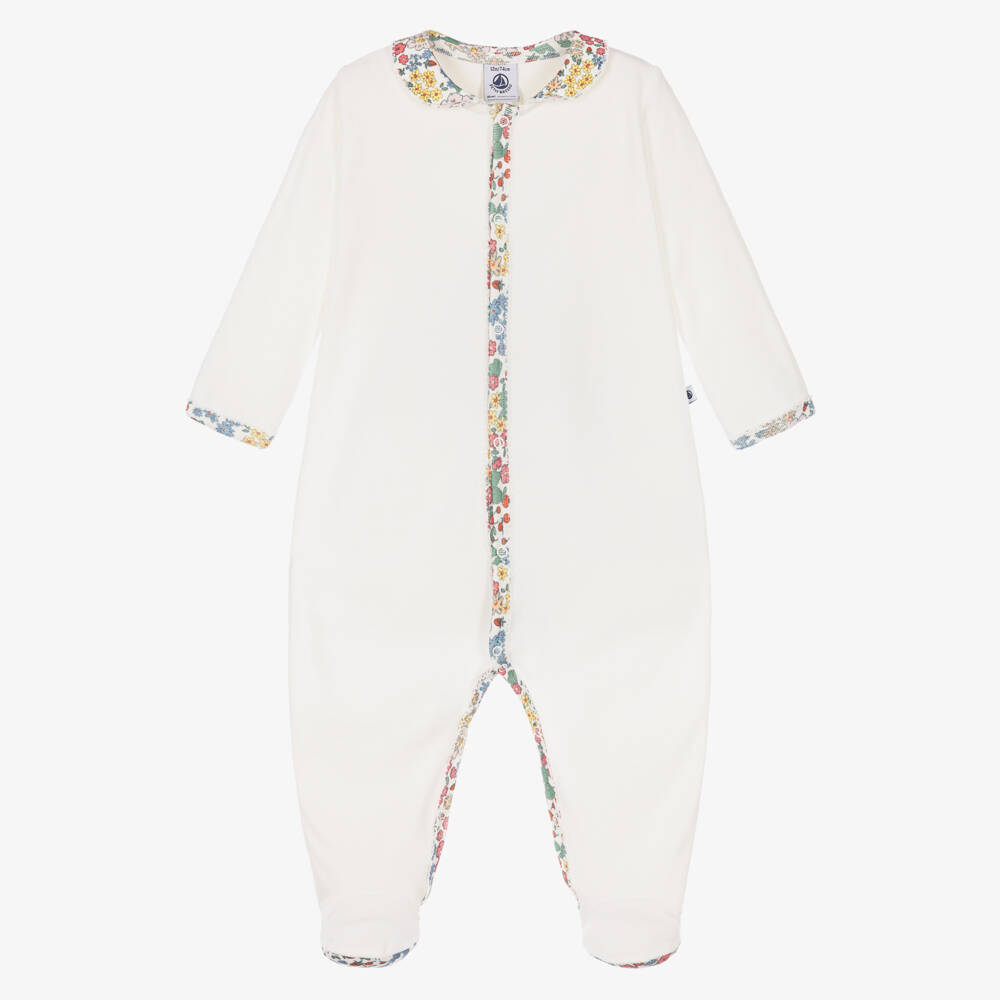 Petit Bateau-Girls Ivory Velour Babygrow with Floral Trims | Childrensalon