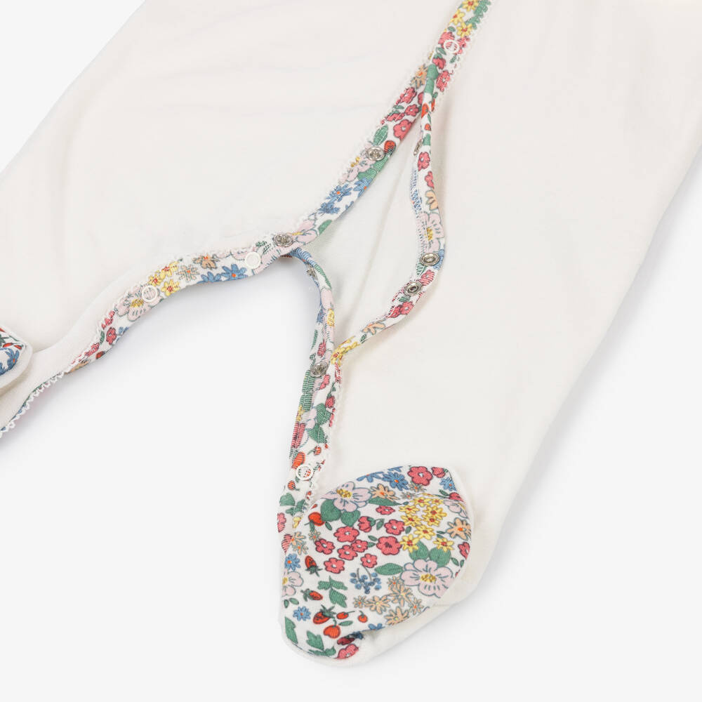 Petit Bateau-Girls Ivory Velour Babygrow with Floral Trims | Childrensalon