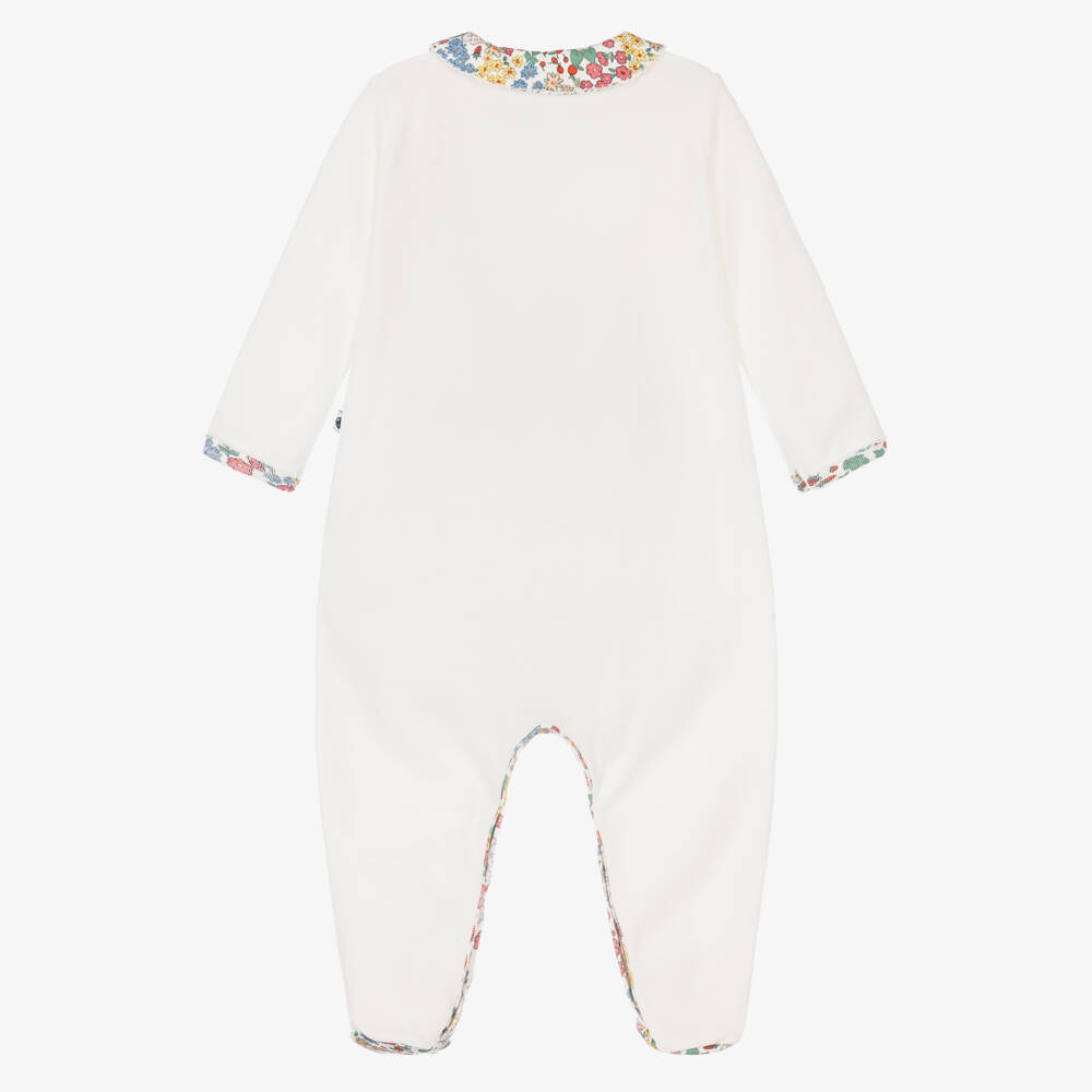 Petit Bateau-Girls Ivory Velour Babygrow with Floral Trims | Childrensalon