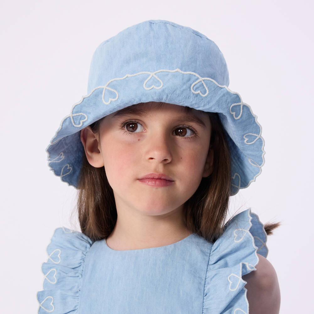 Petit Bateau-Girls Light Blue Cotton Chambray Sun Hat | Childrensalon