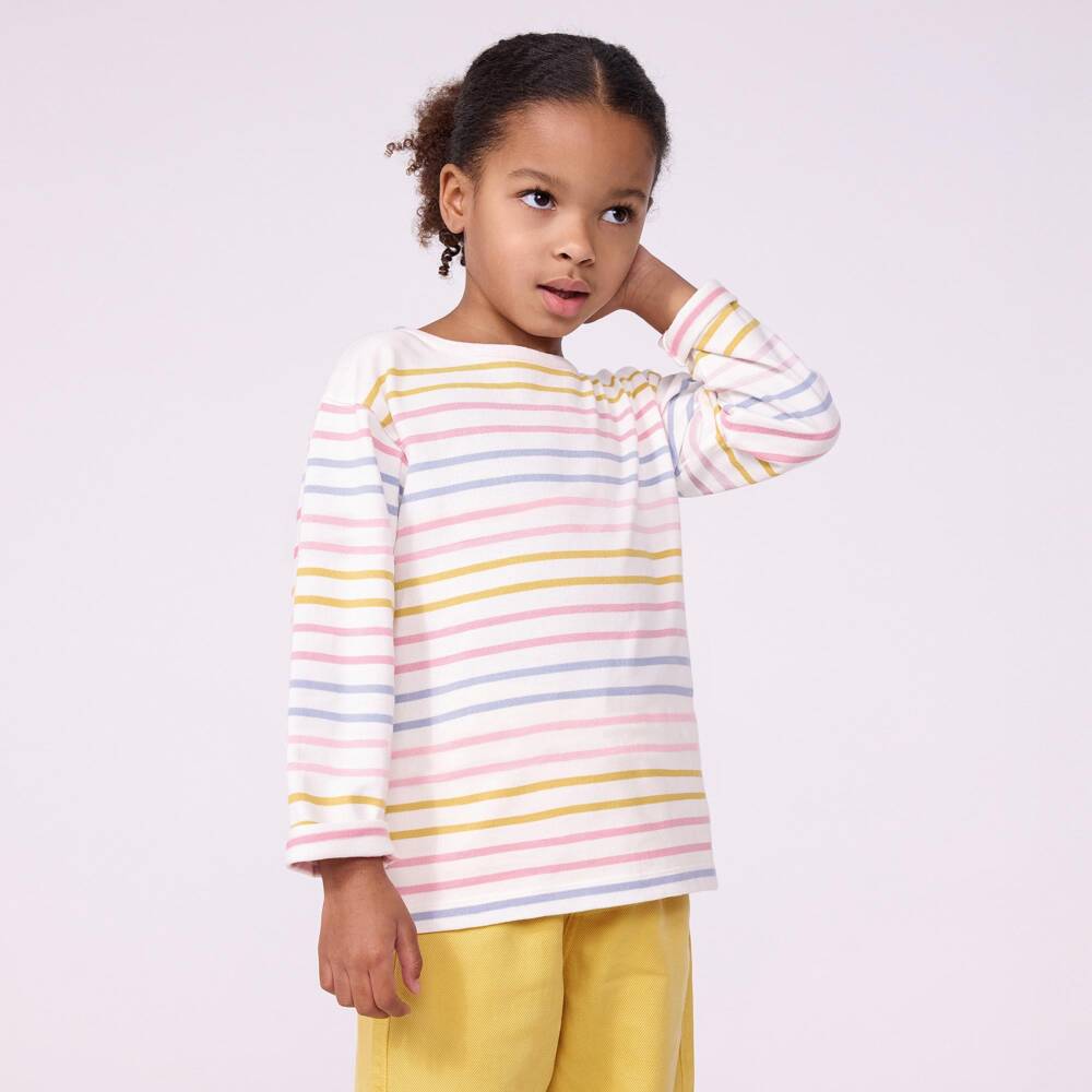 Petit Bateau-توب مقلم بأكمام طويلة لون أبيض للبنات | Childrensalon