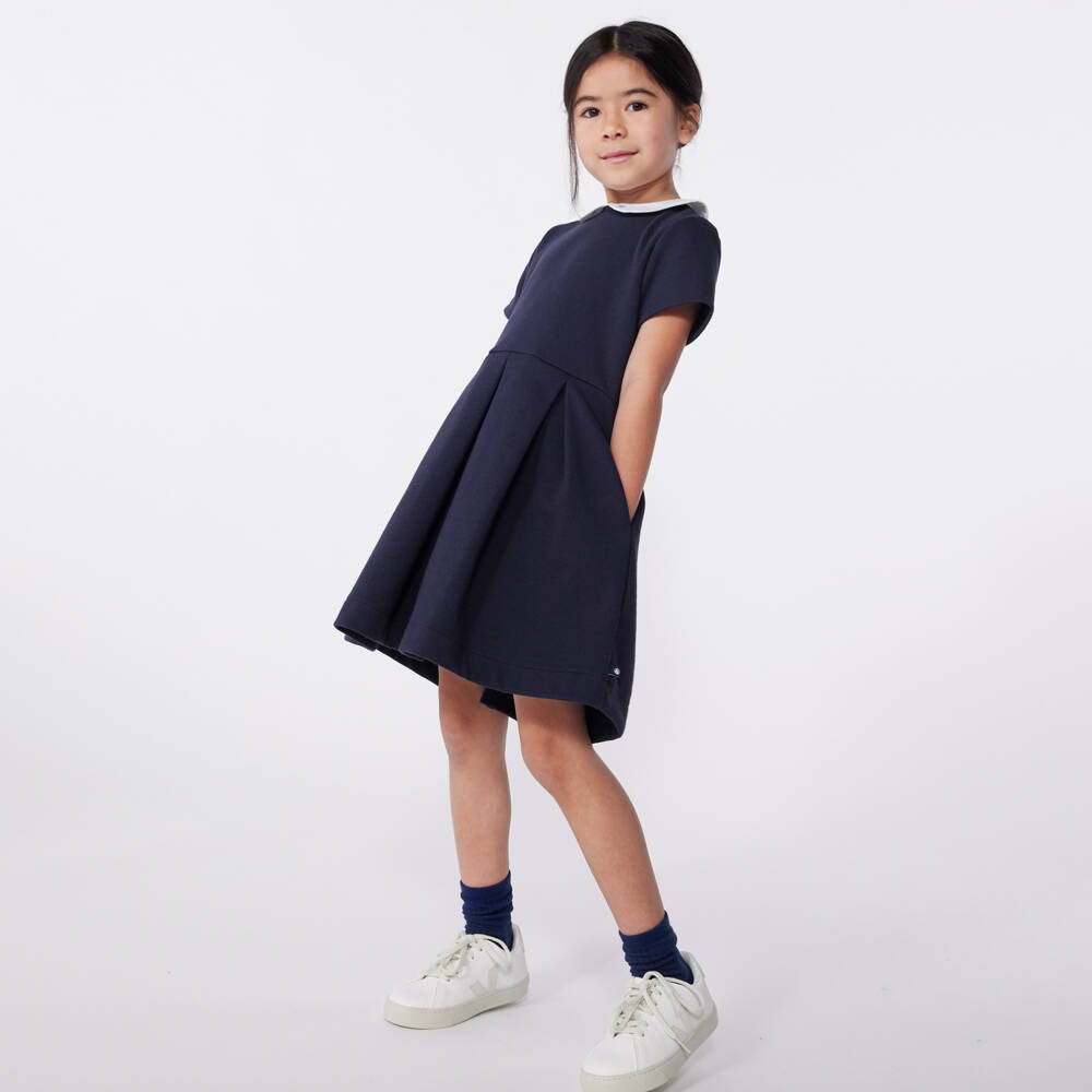 Petit Bateau-Girls Navy Blue Collared Dress | Childrensalon