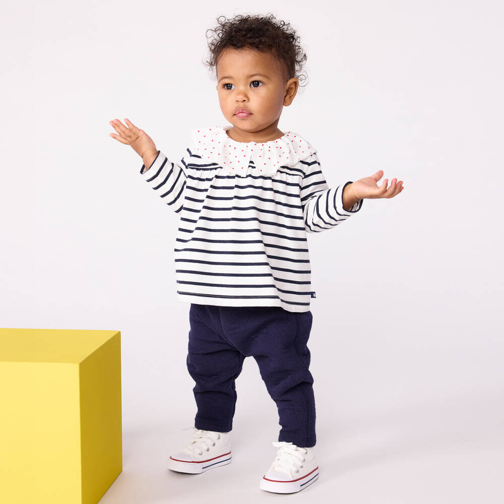 Petit Bateau-Girls Navy Blue Cotton Breton Stripe Top with Ruffle Collar | Childrensalon