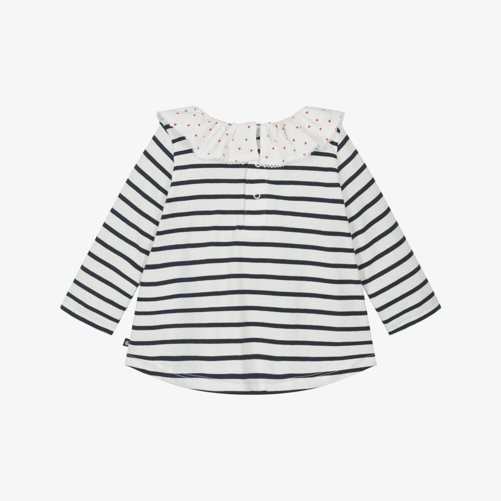 Petit Bateau-Girls Navy Blue Cotton Breton Stripe Top with Ruffle Collar | Childrensalon