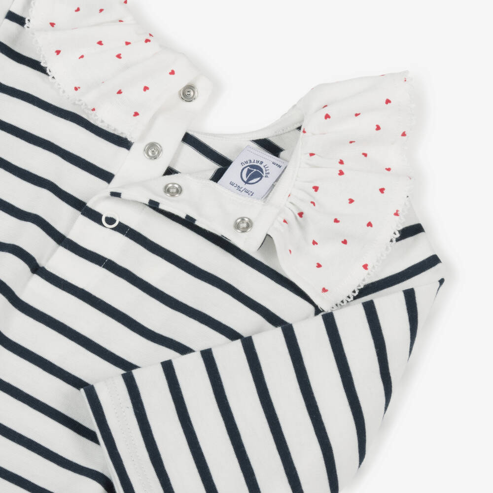 Petit Bateau-Girls Navy Blue Cotton Breton Stripe Top with Ruffle Collar | Childrensalon