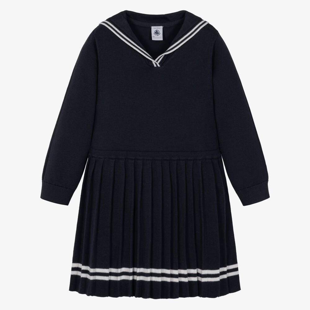 Petit Bateau-Girls Navy Blue Cotton Knit Sailor Dress  | Childrensalon