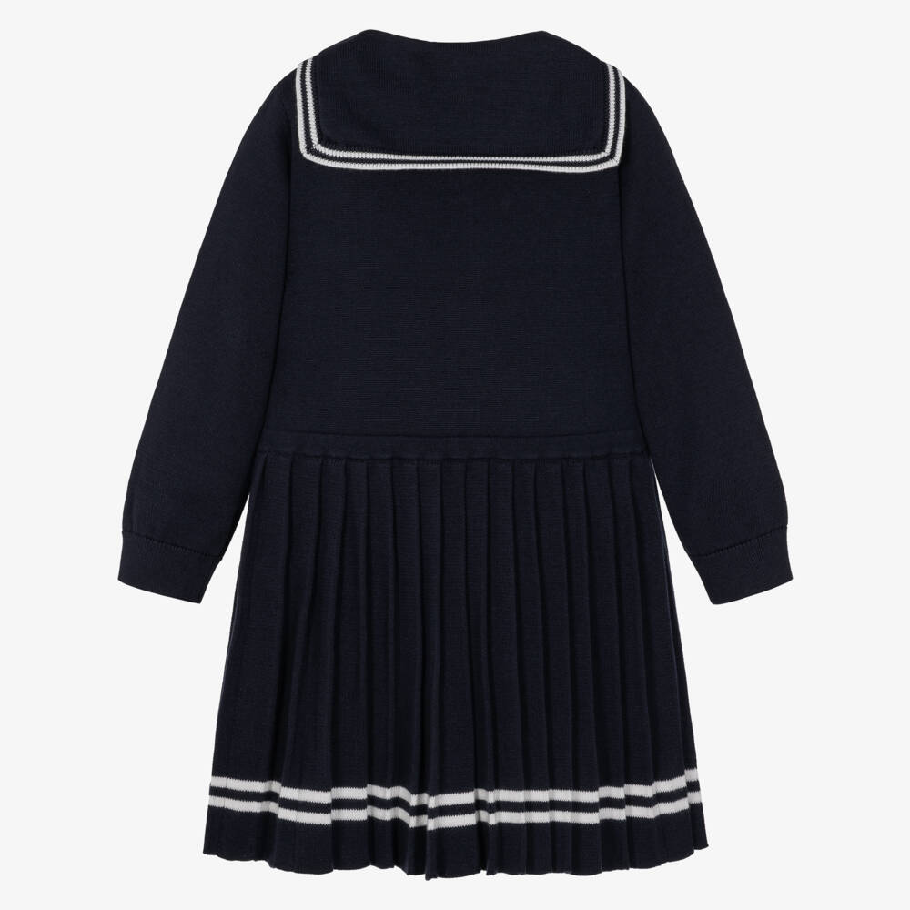 Petit Bateau-Girls Navy Blue Cotton Knit Sailor Dress | Childrensalon