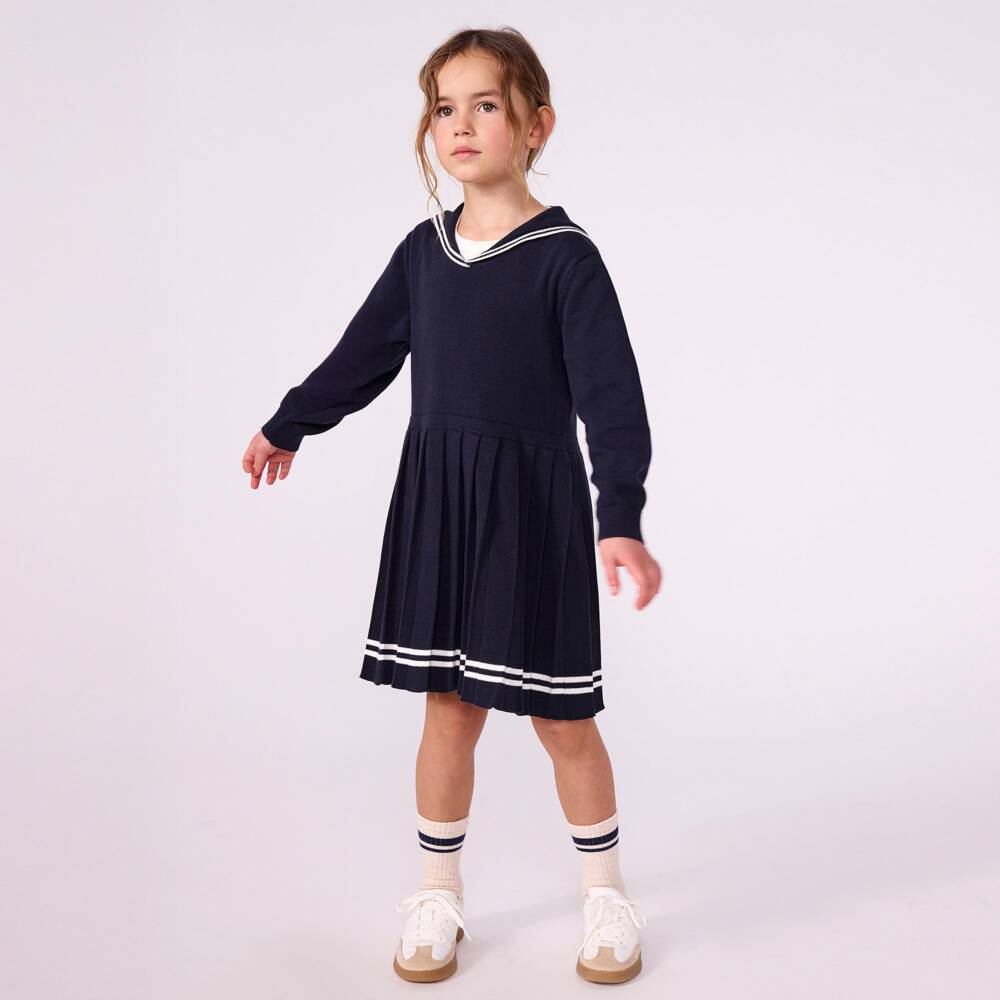 Petit Bateau-Girls Navy Blue Cotton Knit Sailor Dress | Childrensalon