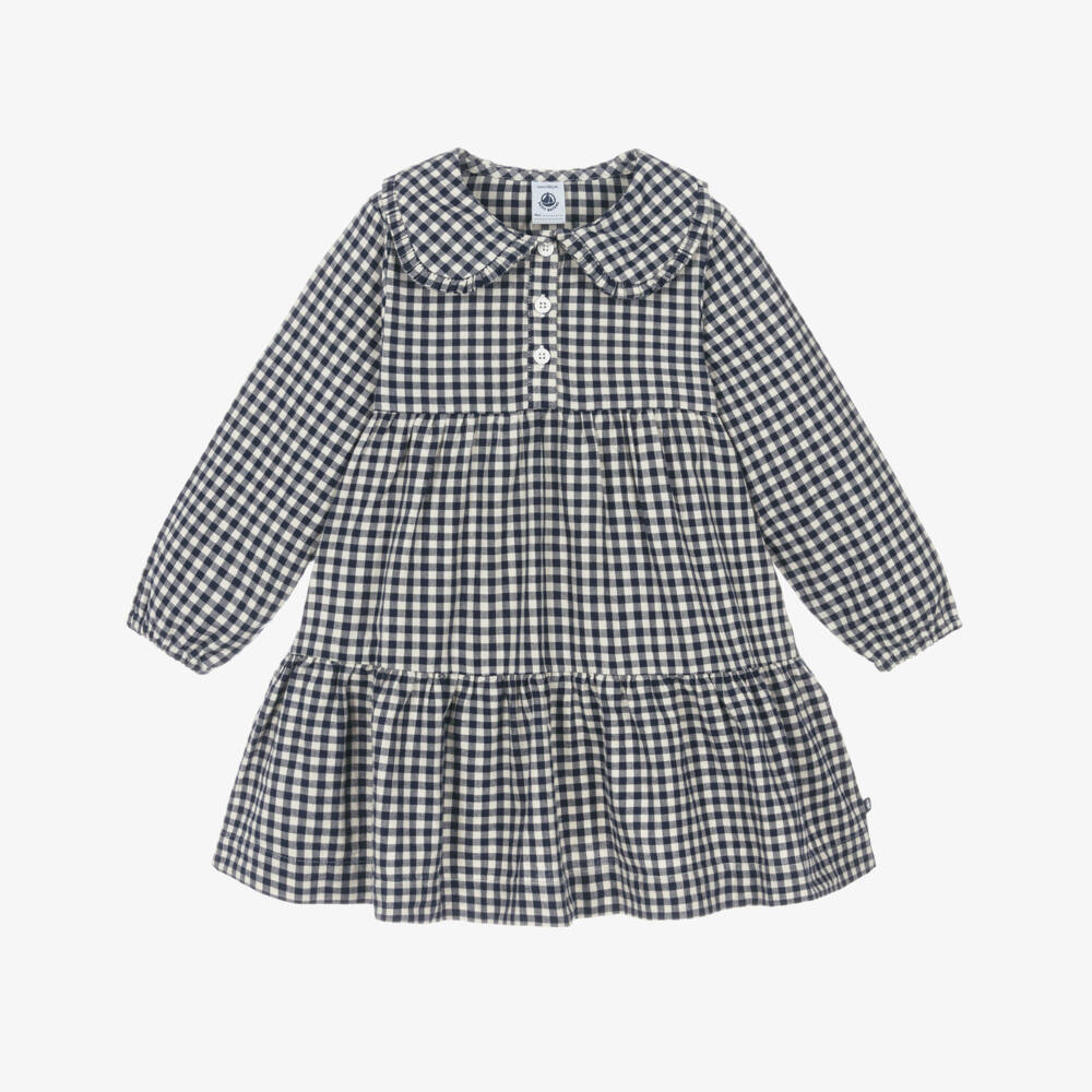Petit Bateau-Girls Navy Blue & Ivory Gingham Dress | Childrensalon