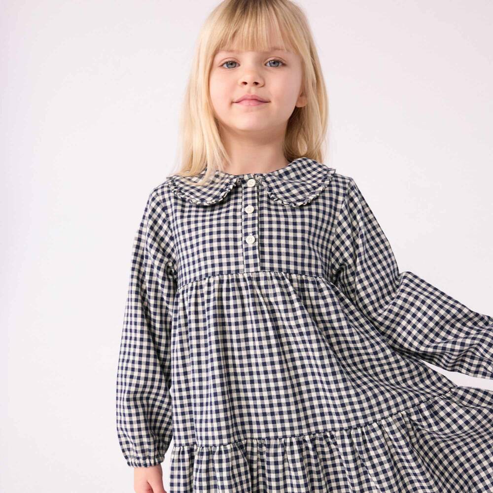Petit Bateau-فستان بنقشة المربعات لون عاجي وكحلي للبنات | Childrensalon