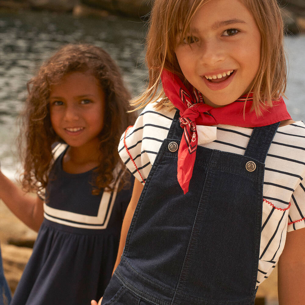 Petit Bateau-Girls Navy Blue Organic Cotton Sailor Dress | Childrensalon