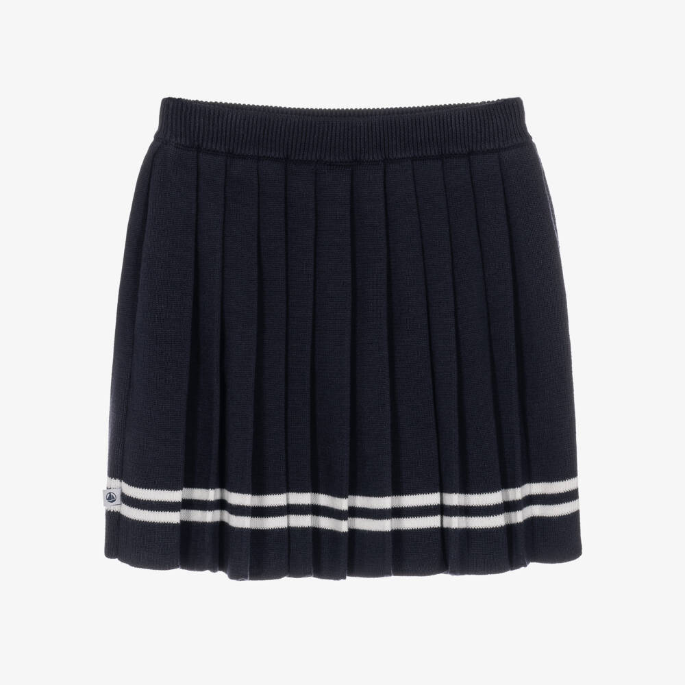 Petit Bateau-Girls Navy Blue Pleated Skirt in Cotton Knit | Childrensalon