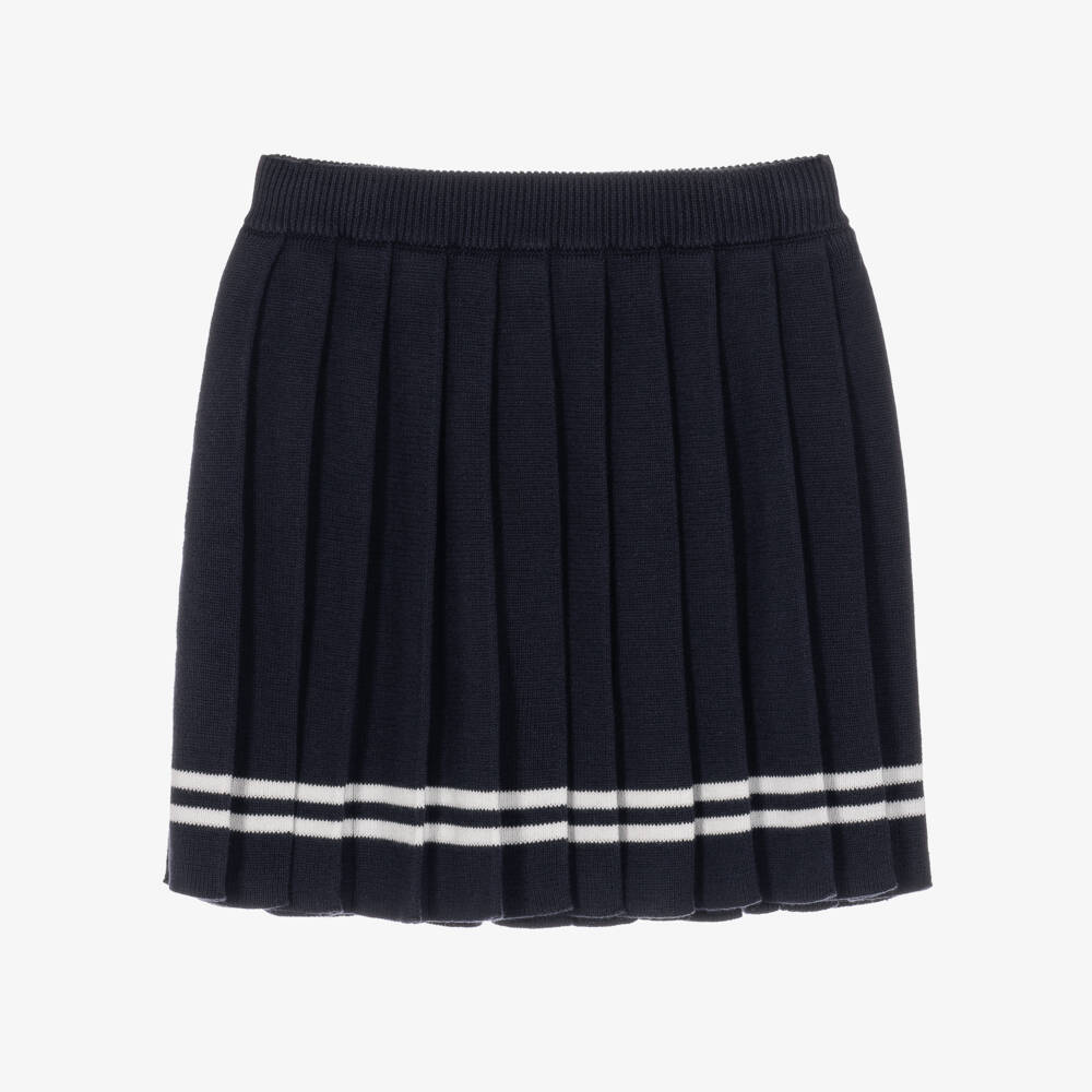 Petit Bateau-Girls Navy Blue Pleated Skirt in Cotton Knit | Childrensalon