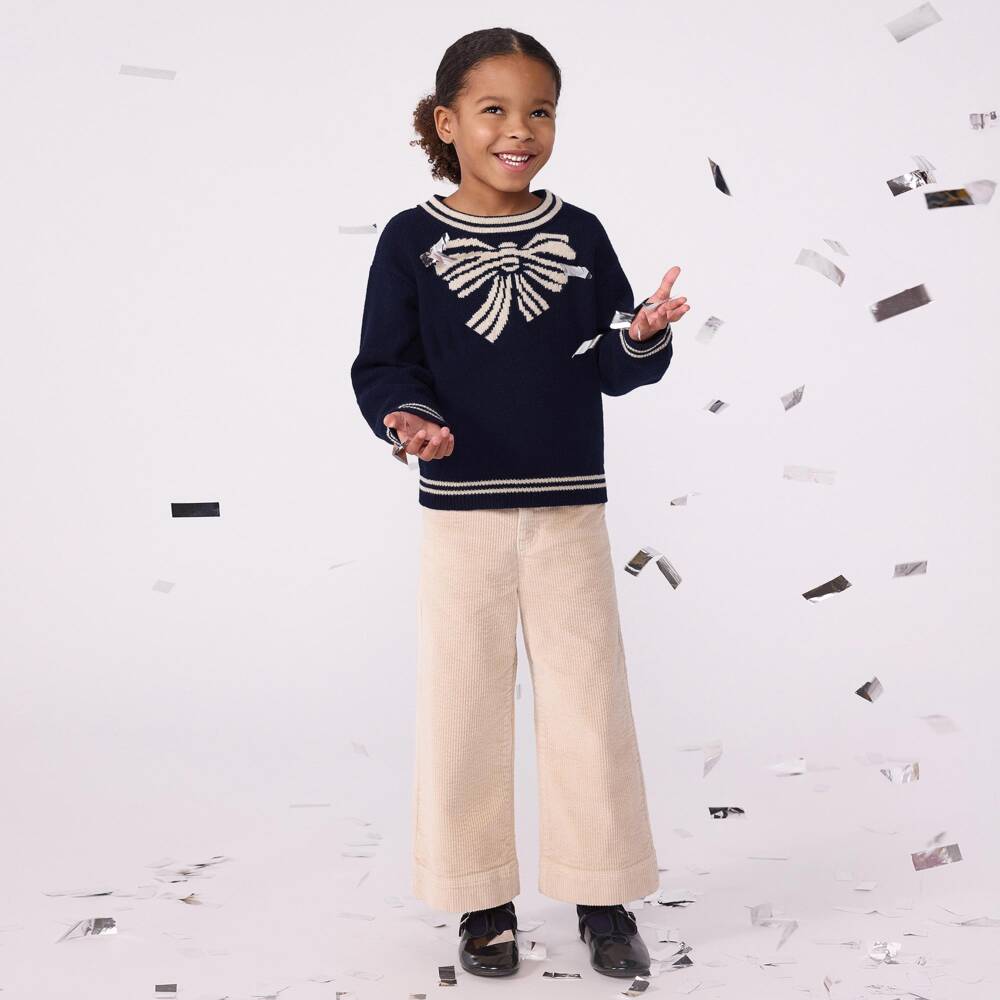 Petit Bateau-Girls Navy Blue Sweater with Bow Motif | Childrensalon