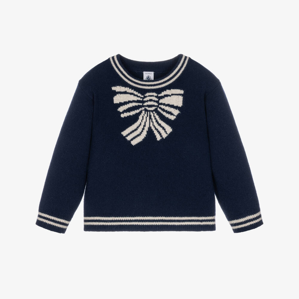 Petit Bateau-Girls Navy Blue Sweater with Bow Motif | Childrensalon