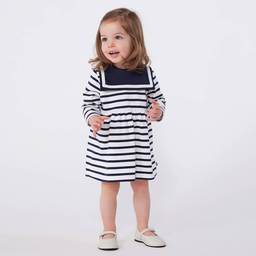 Petit Bateau-Girls Navy Blue & White Breton Stripe Dress | Childrensalon