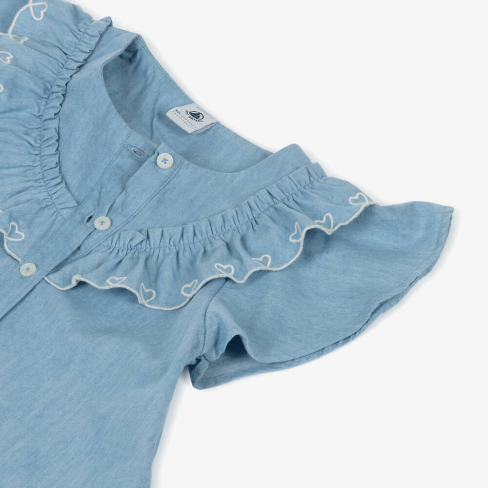 Petit Bateau-Girls Pale Blue Chambray Blouse with Scalloped Heart Ruffle | Childrensalon