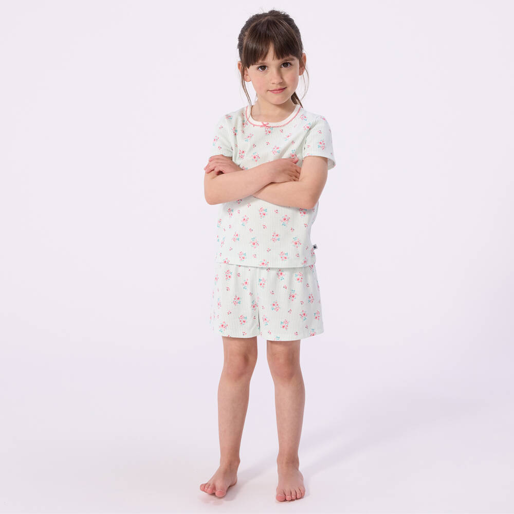 Petit Bateau-Girls Pale Green Striped Cotton Pyjamas with Floral Print | Childrensalon