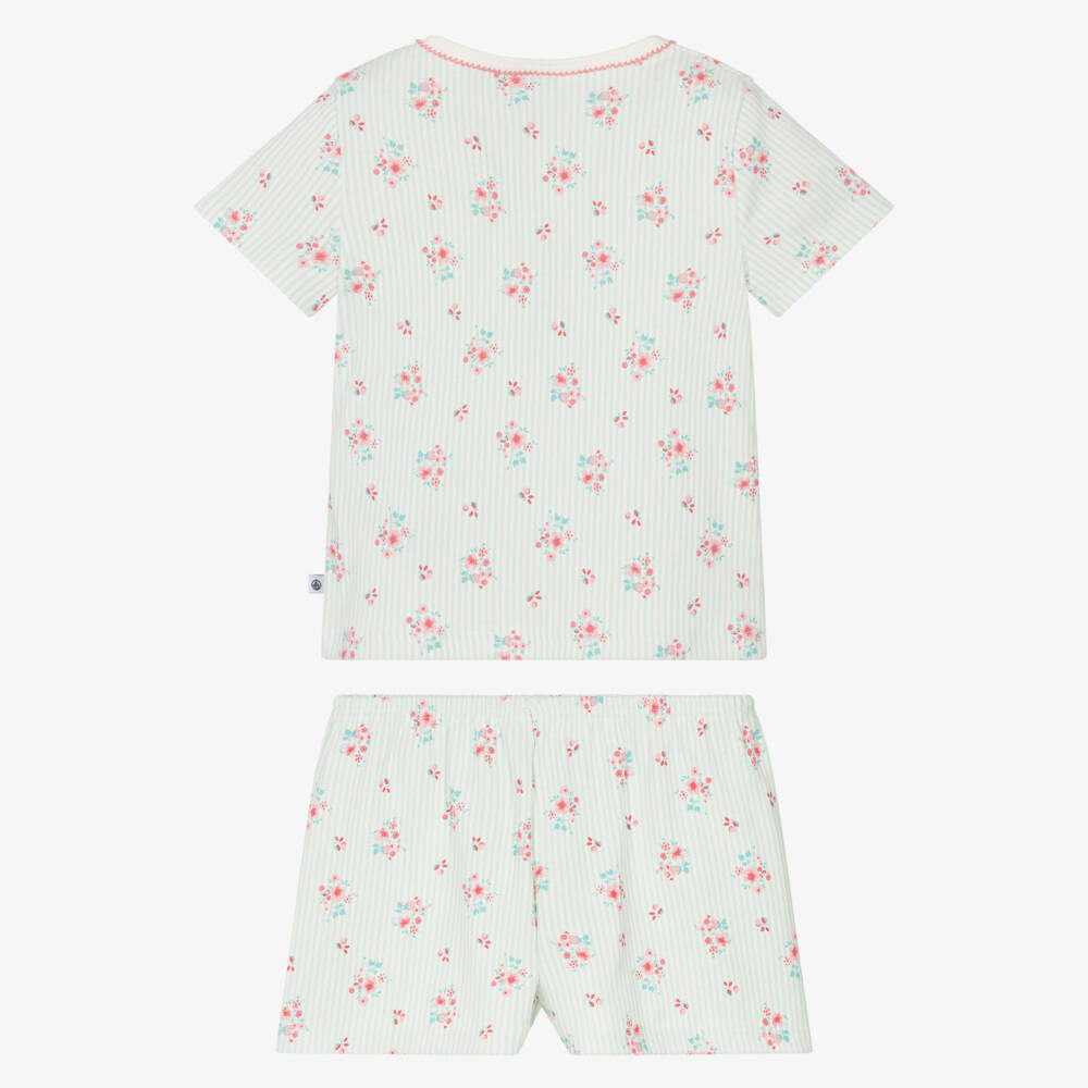 Petit Bateau-Girls Pale Green Striped Cotton Pyjamas with Floral Print | Childrensalon