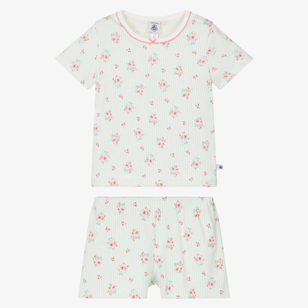 Petit Bateau-Girls Pale Green Striped Cotton Pyjamas with Floral Print | Childrensalon