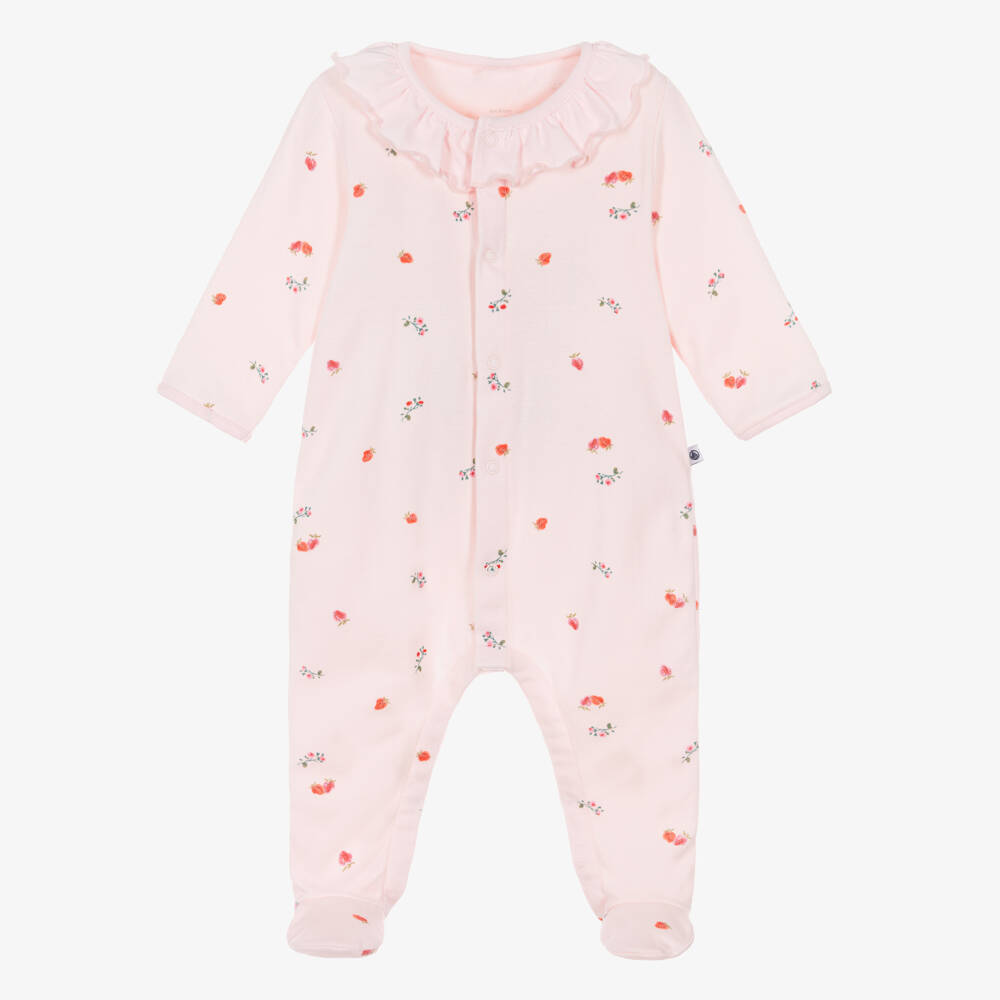 Petit Bateau-Girls Pale Pink Cotton Babygrow with Strawberry Print | Childrensalon