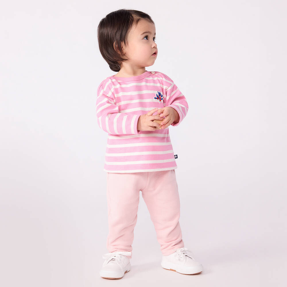 Petit Bateau-Girls Pale Pink Cotton Breton Striped Top | Childrensalon
