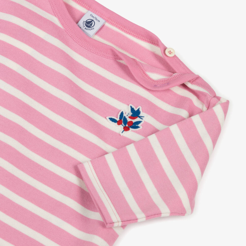 Petit Bateau-Girls Pale Pink Cotton Breton Striped Top | Childrensalon