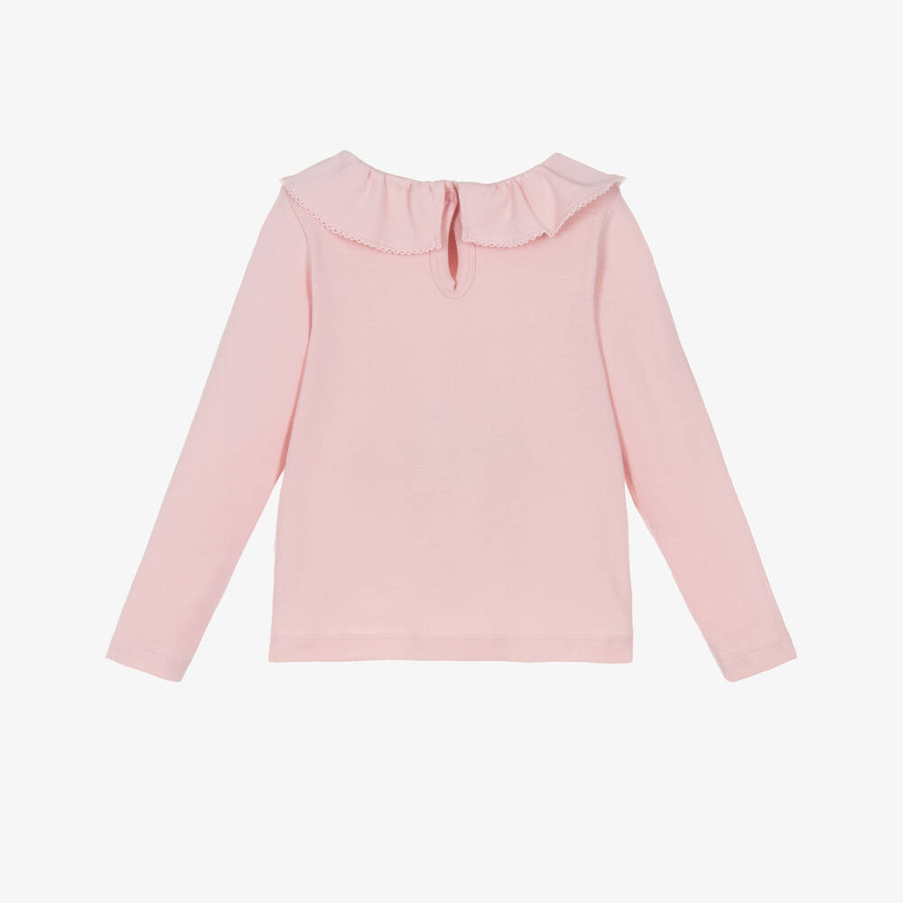 Petit Bateau-Girls Pale Pink Cotton Top with Ruffle Collar | Childrensalon