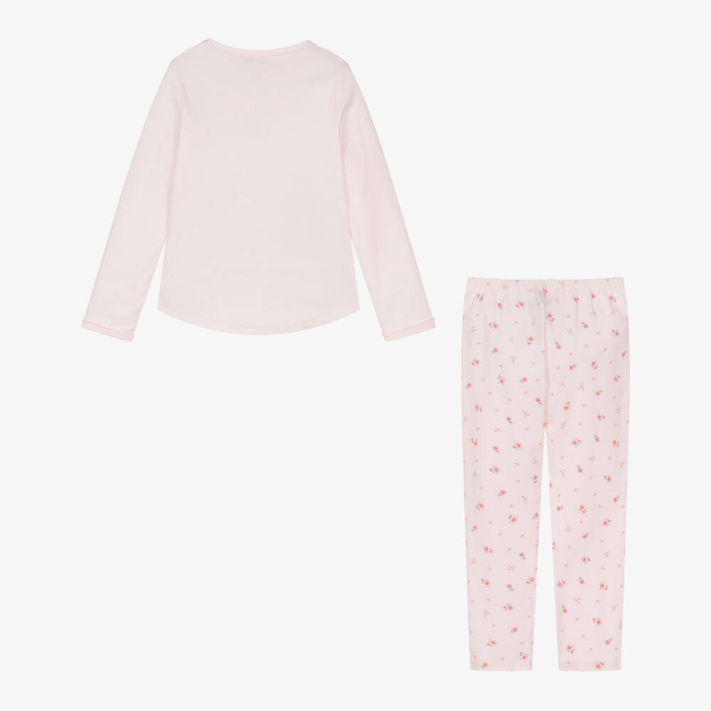 Petit Bateau-Girls Pastel Pink Cotton Pyjamas with Floral Print | Childrensalon