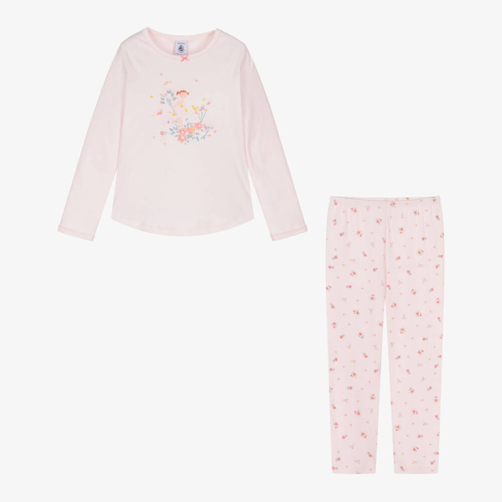 Petit Bateau-Girls Pastel Pink Cotton Pyjamas with Floral Print | Childrensalon