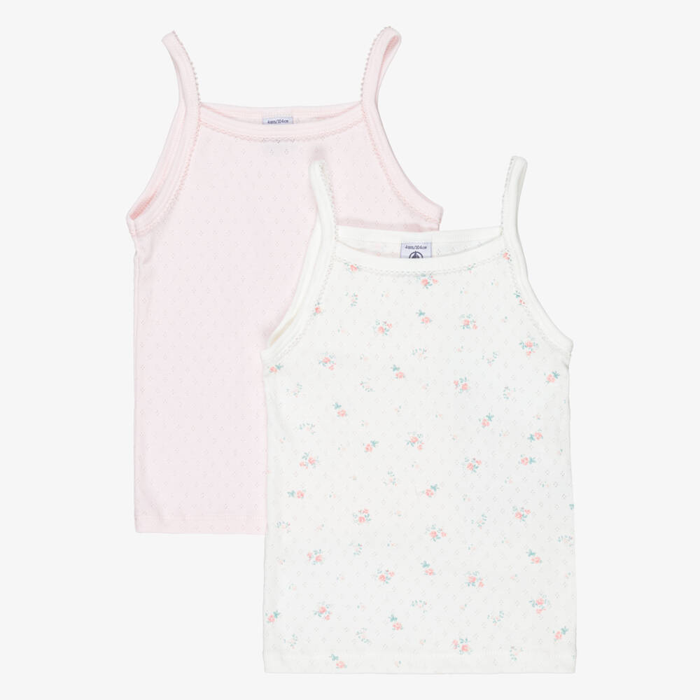 Petit Bateau-Girls Pastel Pink & Ivory Pointelle Cotton Jersey Vests (2 Pack) | Childrensalon