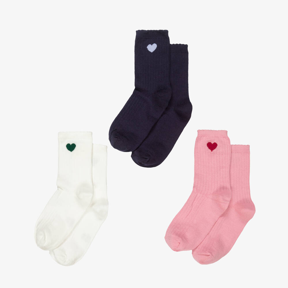 Petit Bateau-Girls Pink & Blue Ankle Socks with Hearts (3 Pack) | Childrensalon