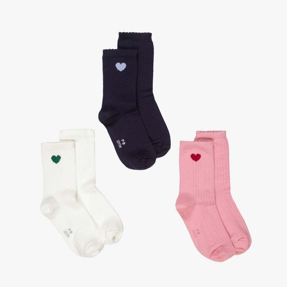 Petit Bateau-Girls Pink & Blue Ankle Socks with Hearts (3 Pack) | Childrensalon