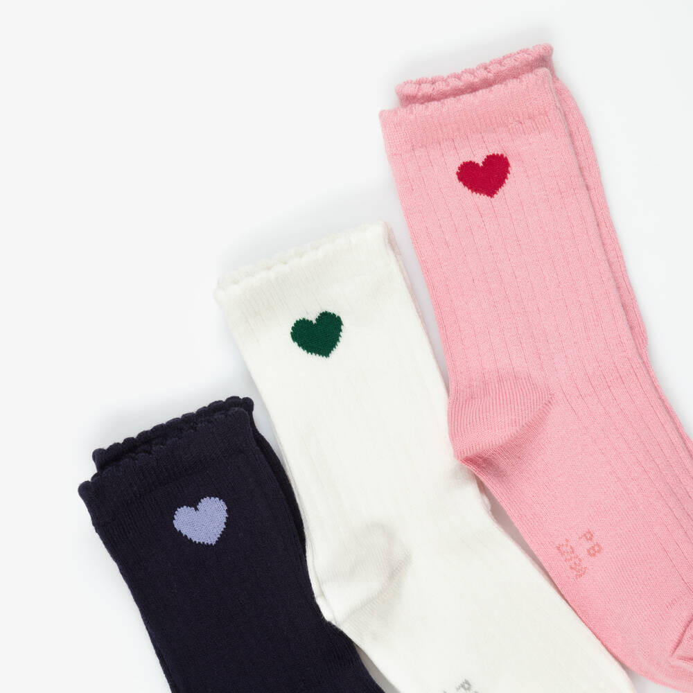 Petit Bateau-Girls Pink & Blue Ankle Socks with Hearts (3 Pack) | Childrensalon