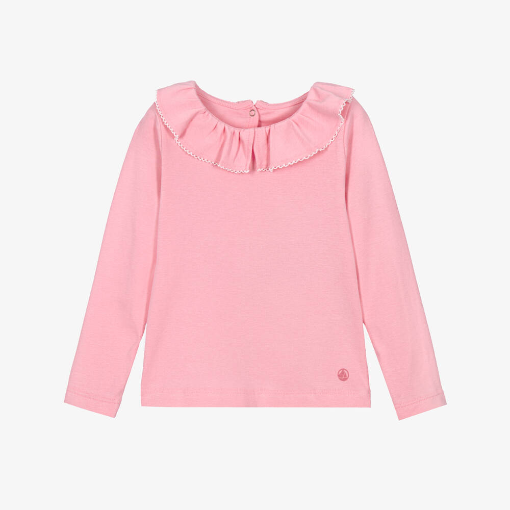 Petit Bateau-Girls Pink Collared Long-Sleeve Top | Childrensalon