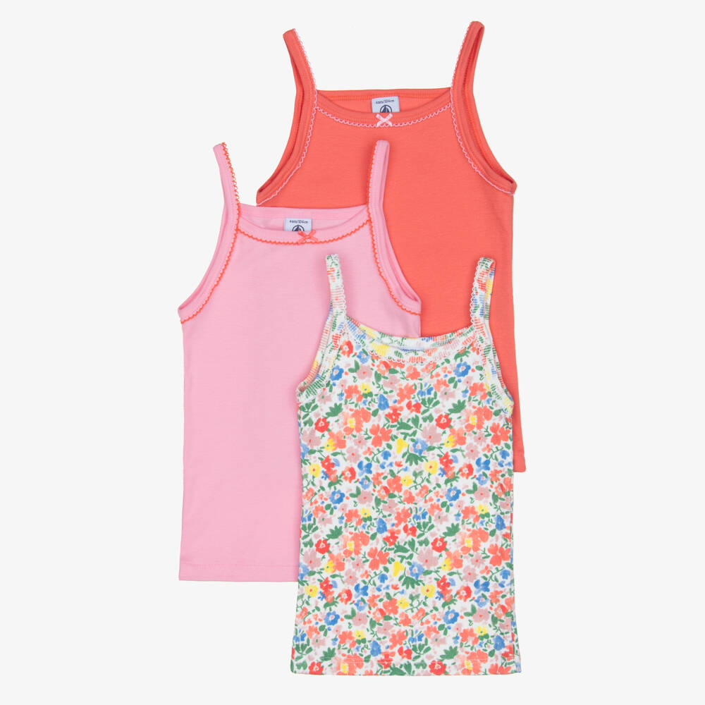 Petit Bateau-Girls Pink & Coral Organic Cotton Vests (3 Pack) | Childrensalon