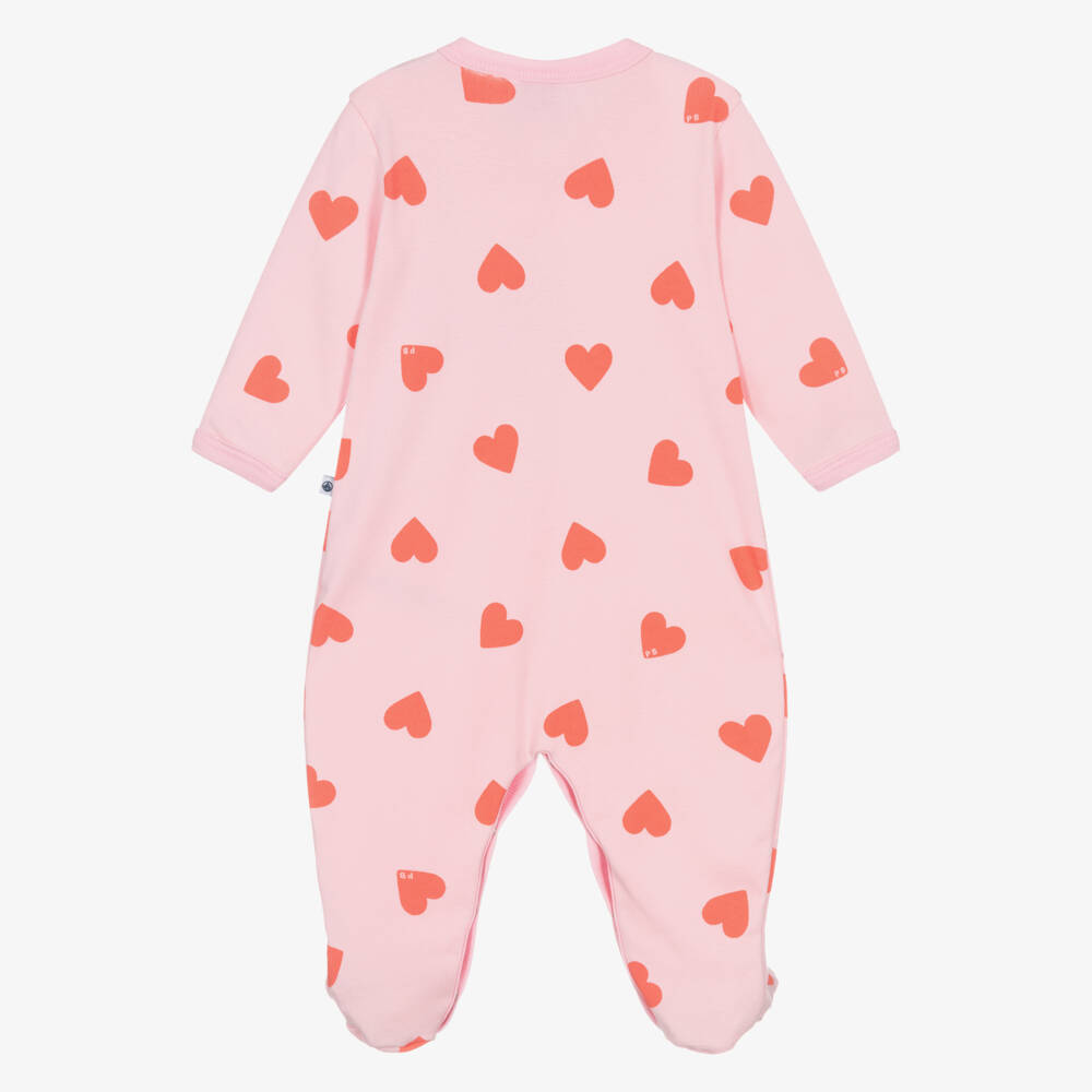 Petit Bateau-Girls Pink Cotton Heart Print Babygrow | Childrensalon