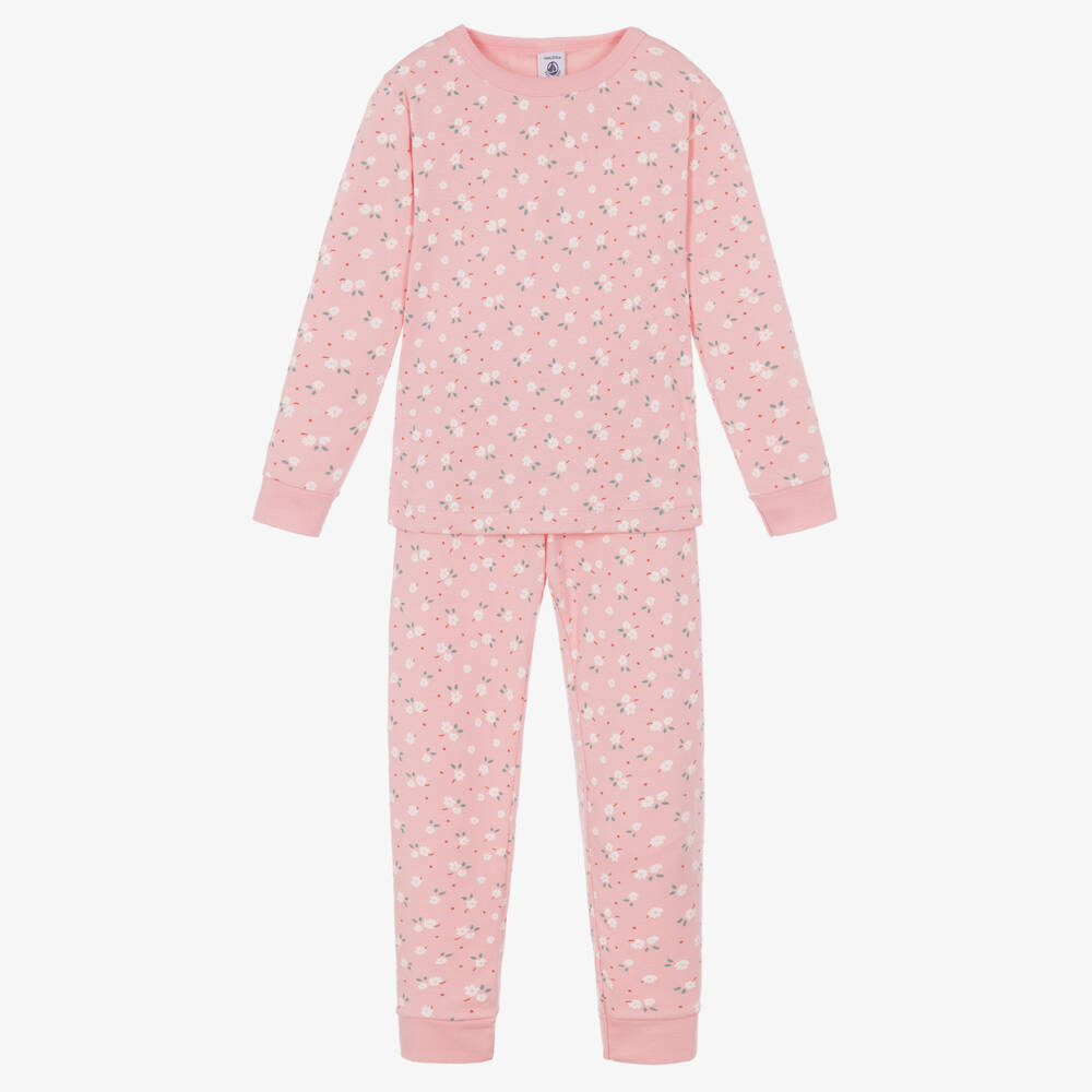 Petit Bateau-Girls Pink Cotton Pyjamas with Floral Print | Childrensalon