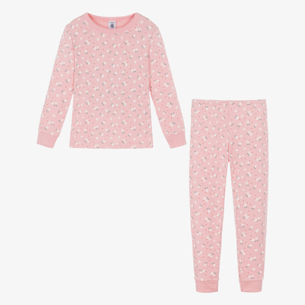 Petit Bateau-Girls Pink Cotton Pyjamas with Floral Print | Childrensalon