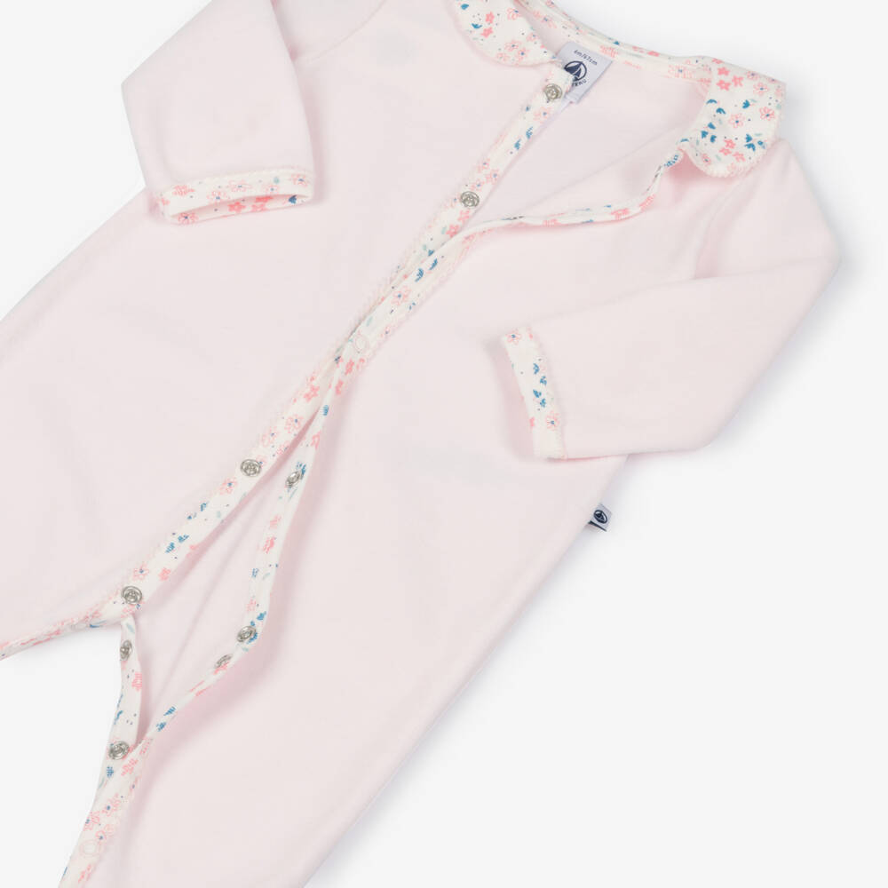 Petit Bateau-Girls Pink Cotton Velour Babygrow with Floral Trim | Childrensalon
