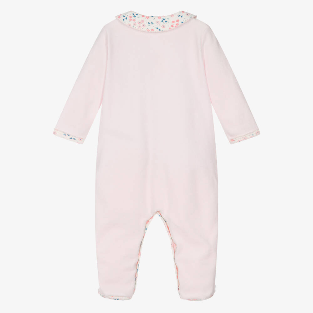 Petit Bateau-Girls Pink Cotton Velour Babygrow with Floral Trim | Childrensalon