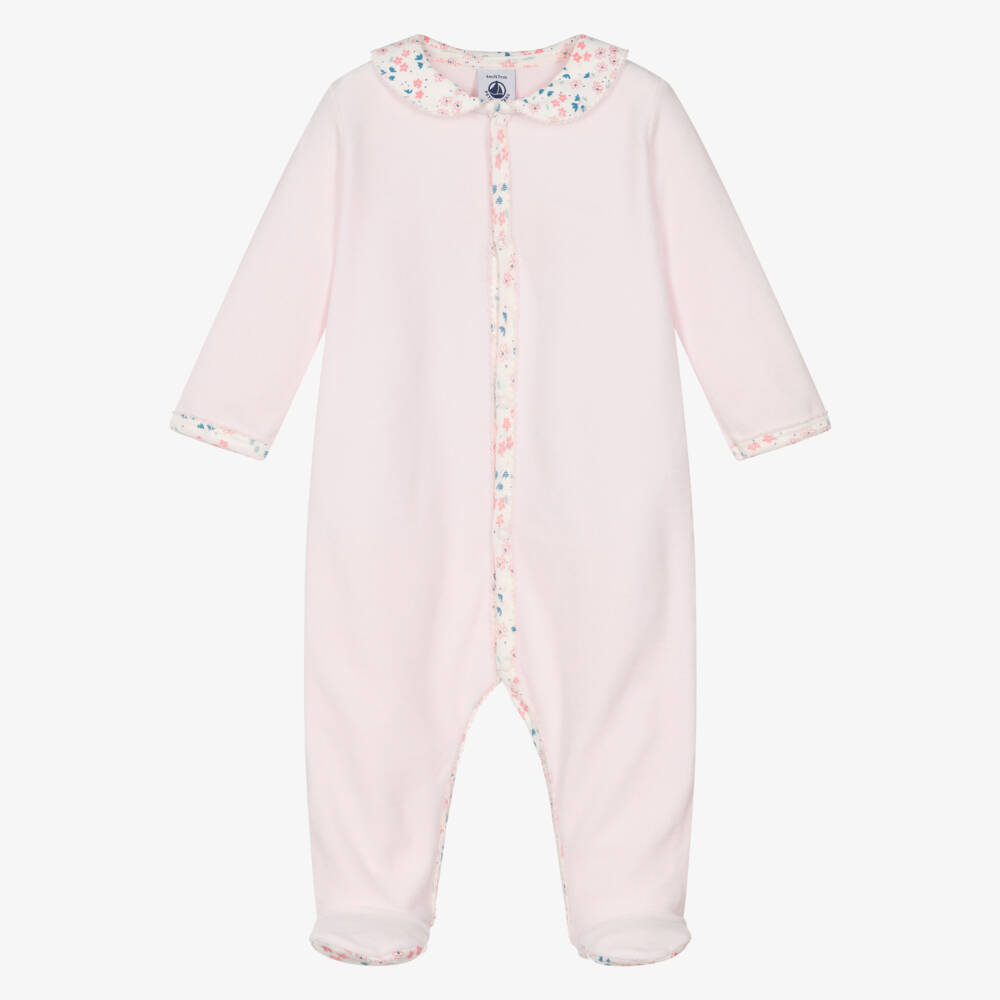 Petit Bateau-Girls Pink Cotton Velour Babygrow with Floral Trim | Childrensalon