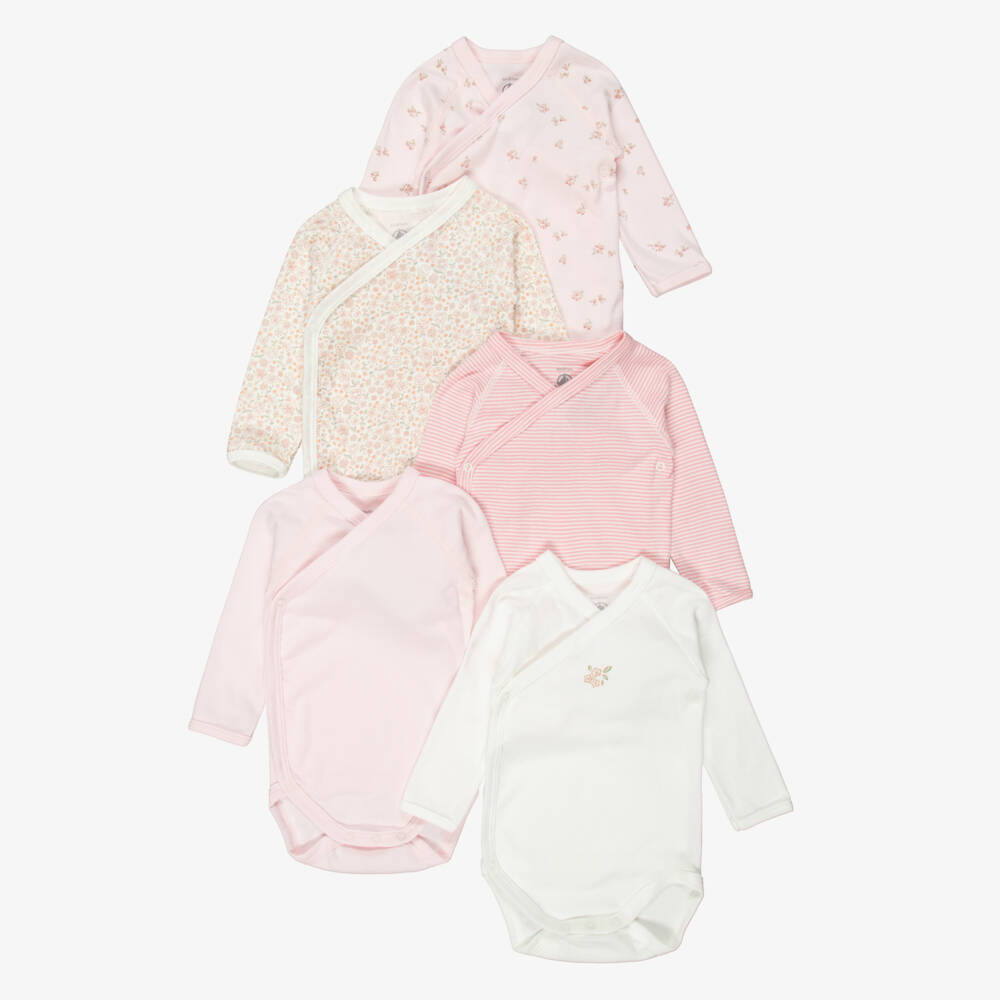 Petit Bateau-Girls Pink Floral & Striped Bodysuits (5 Pack) | Childrensalon