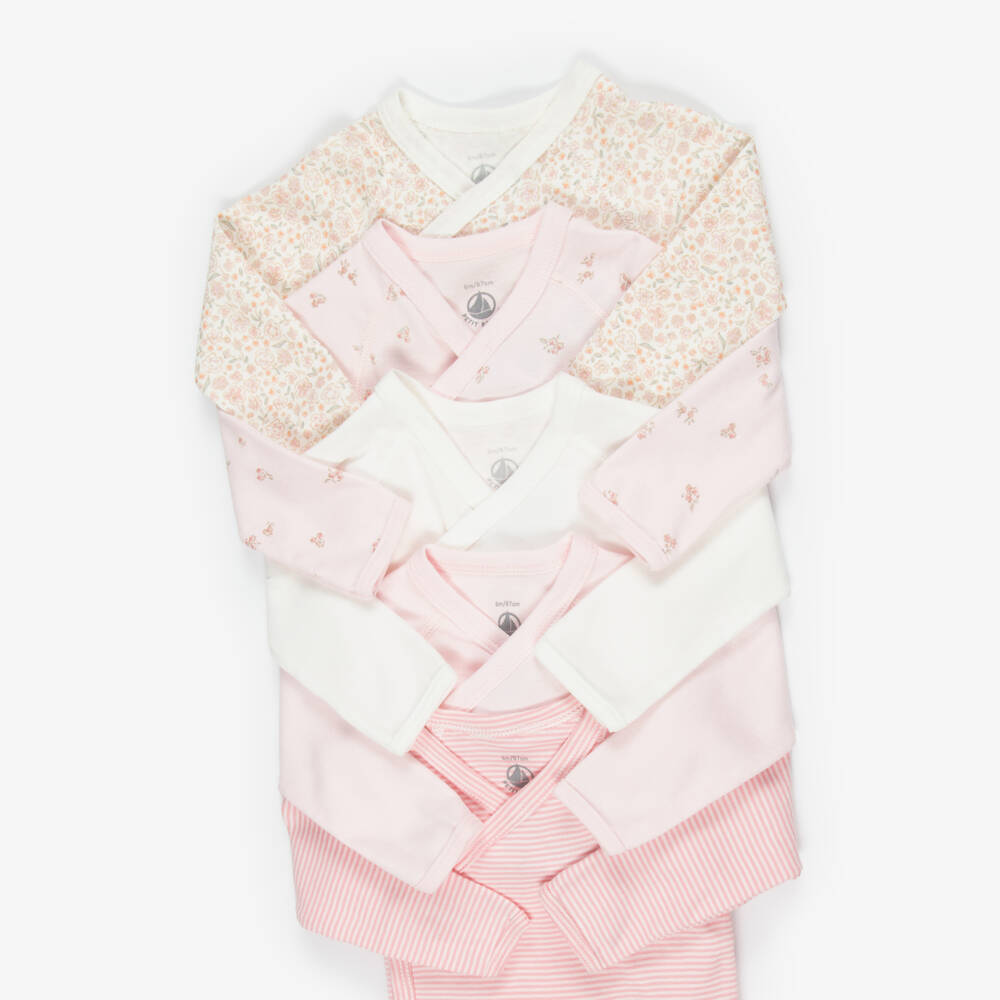 Petit Bateau-Girls Pink Floral & Striped Bodyvests (5 Pack) | Childrensalon