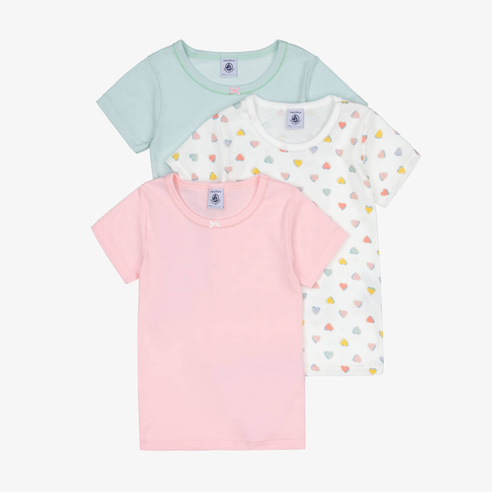 Petit Bateau-Girls Pink & Green Cotton Tops (3 Pack) | Childrensalon