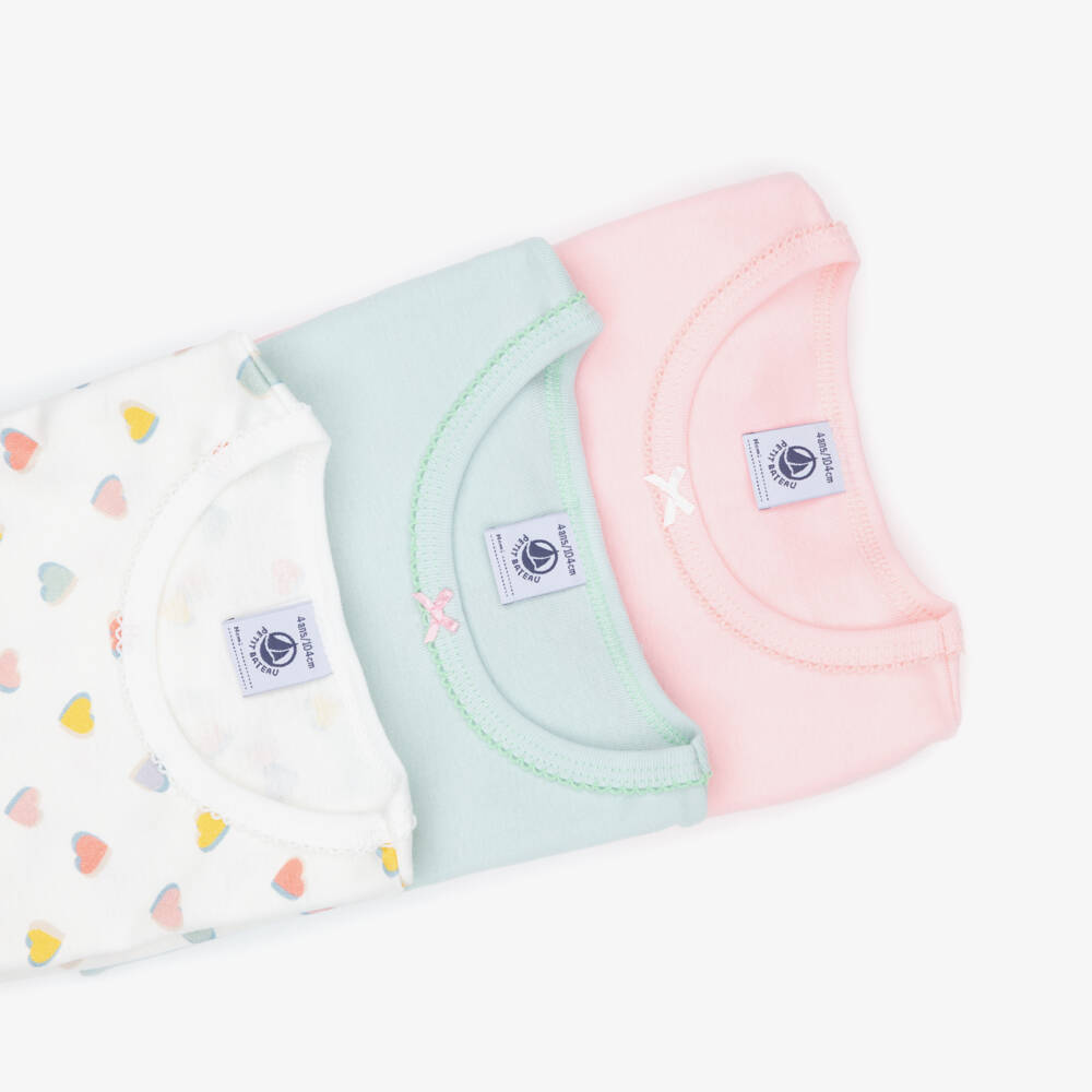 Petit Bateau-Girls Pink & Green Cotton Tops (3 Pack) | Childrensalon
