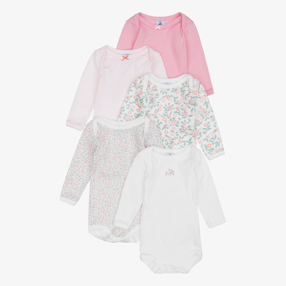 Petit Bateau-Girls Pink & Ivory Floral Cotton Bodyvests (5 Pack) | Childrensalon