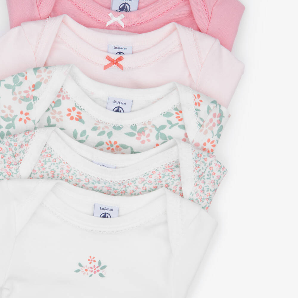 Petit Bateau-Girls Pink & Ivory Floral Cotton Bodyvests (5 Pack) | Childrensalon