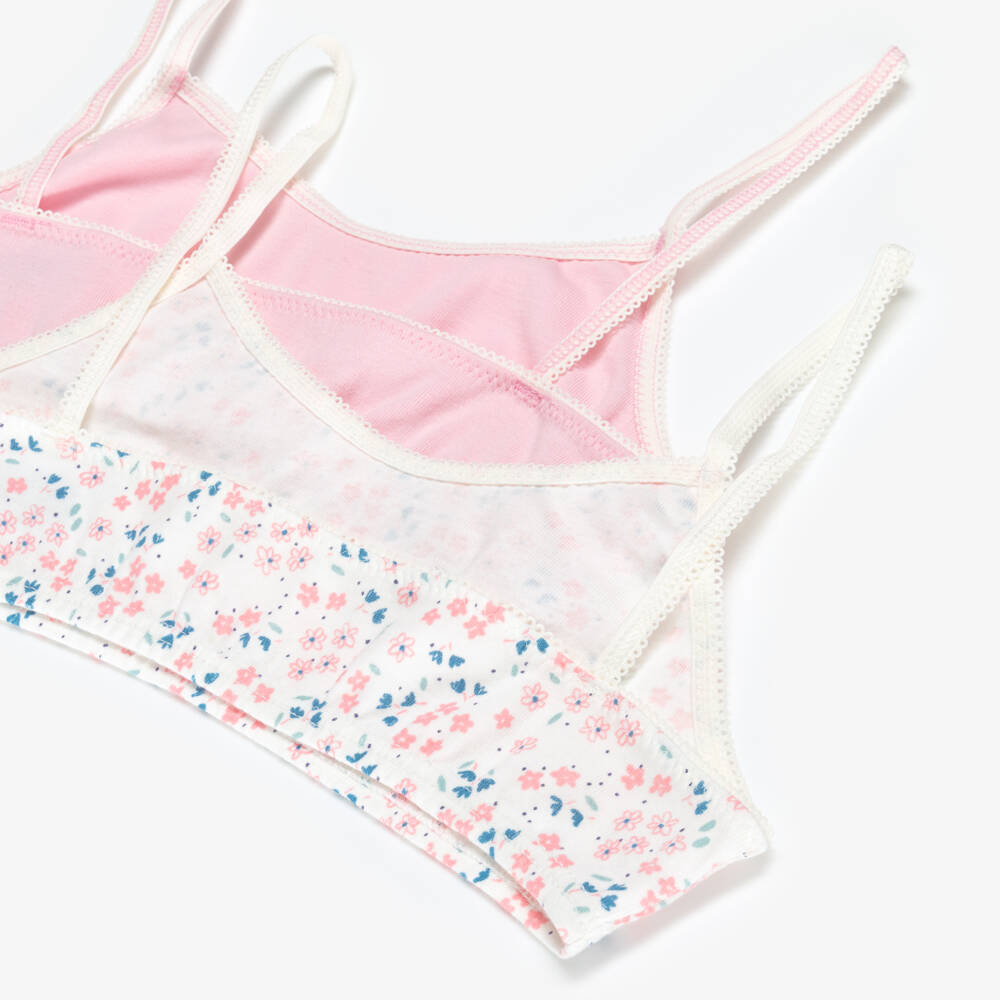 Petit Bateau-Girls Pink & Ivory Floral Cotton Jersey Bra Tops (2 Pack) | Childrensalon